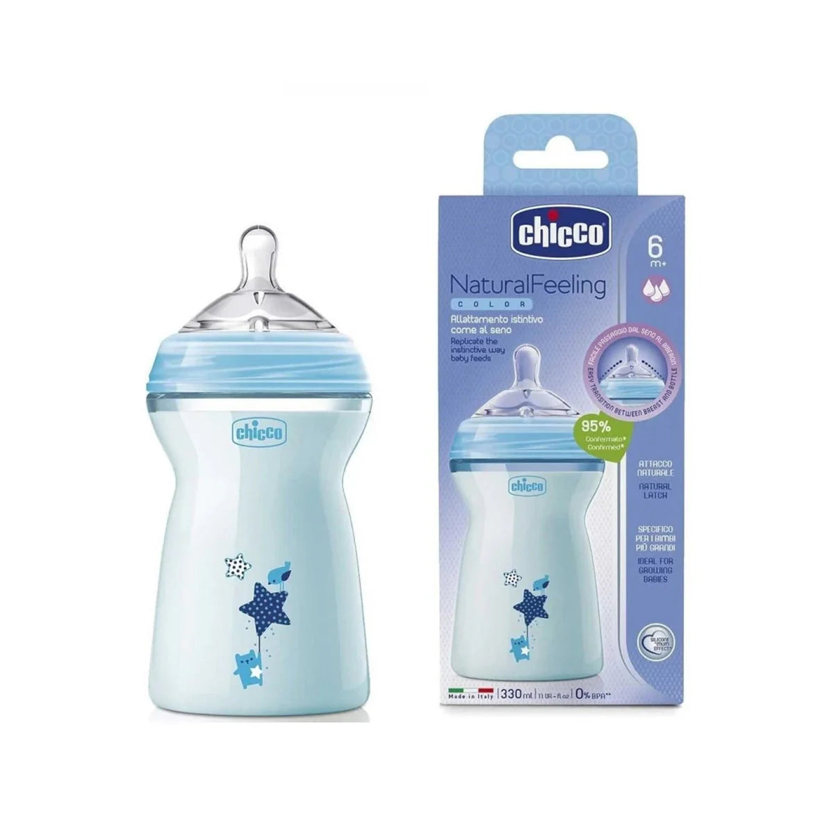 CHICCO NATURAL FEELING BOTTEL 6M+ 330ML BLUE