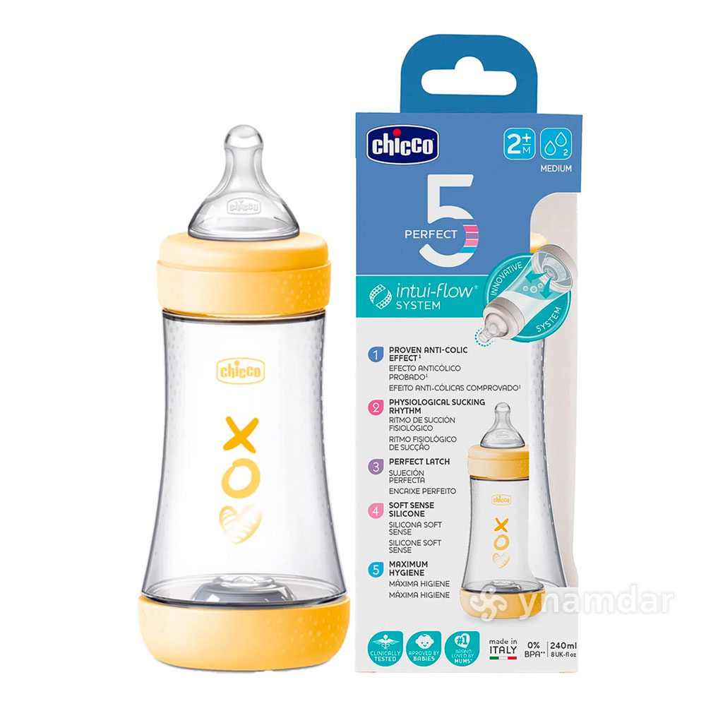 CHICCO 5 PERFECT INTUI-FLOW BOTTLE 2M+ 240ML YELLOW