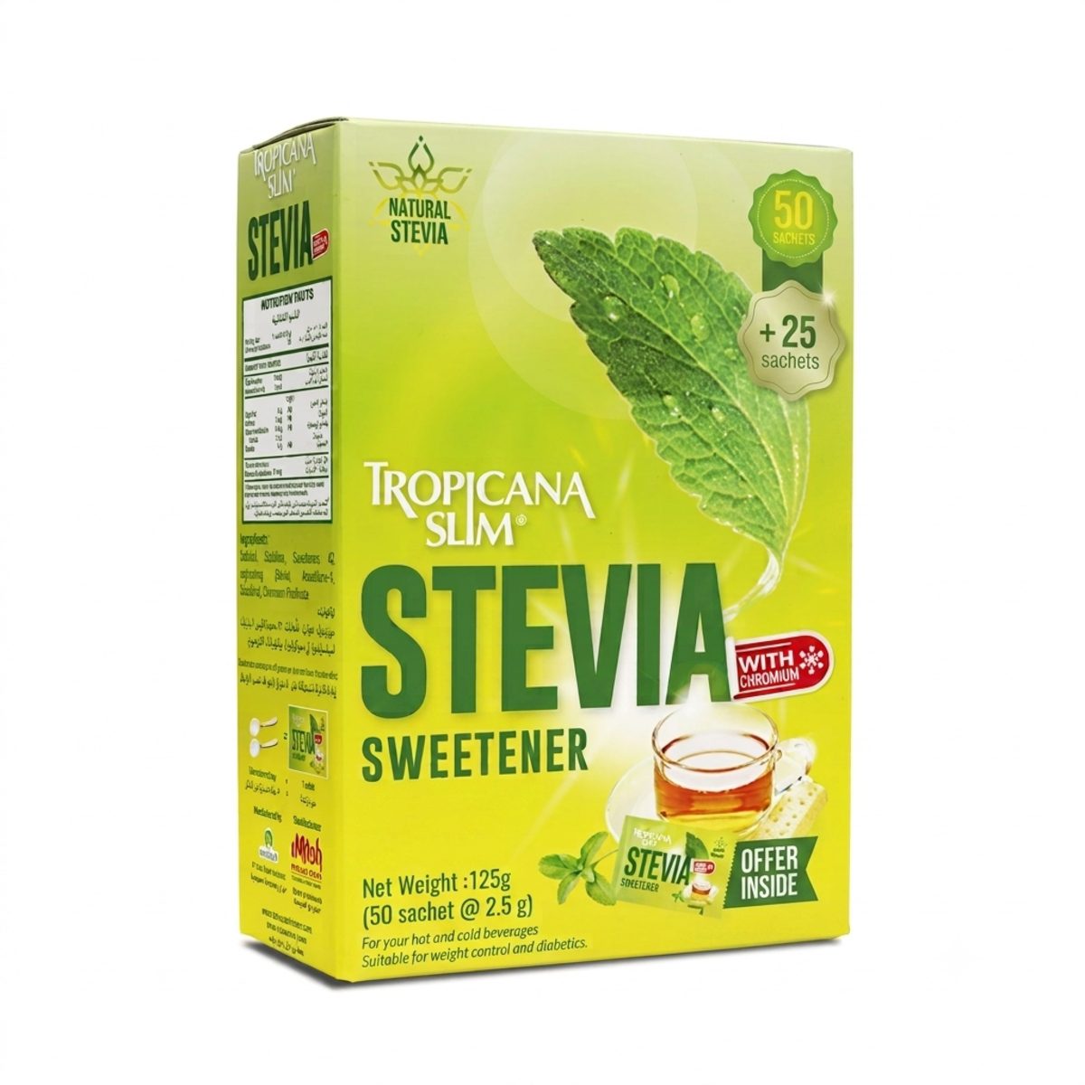 TROPICANA SLIM STEVIA SWEETENER WITH CHROMIUM 50+25 SACH