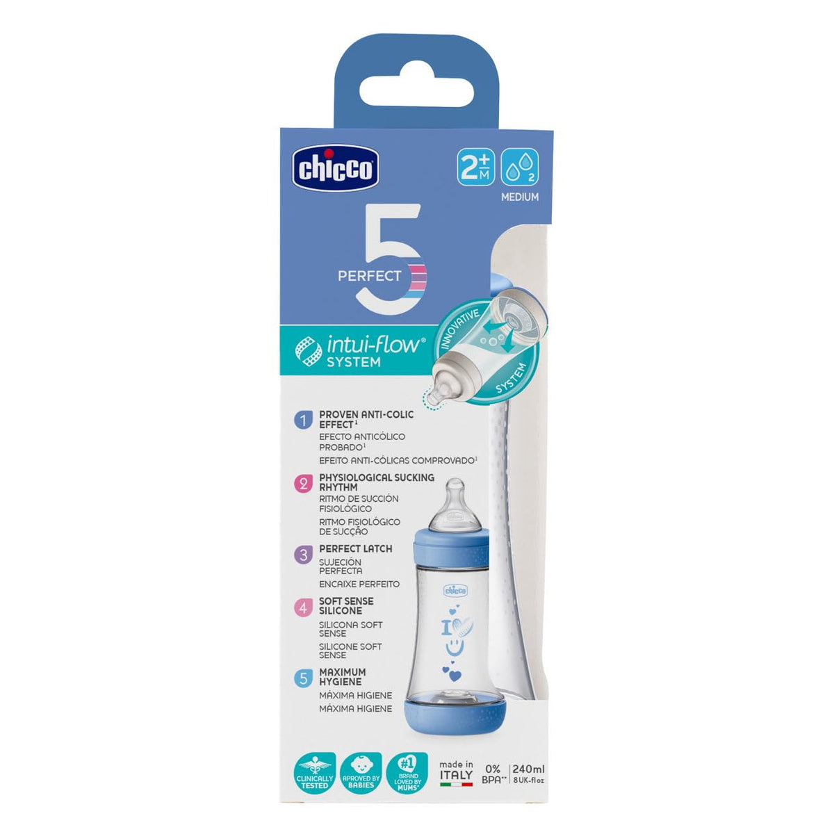 CHICCO 5 PERFECT INTUI-FLOW BOTTLE 2M+ MEDUIM FLOW 240ML BLUE