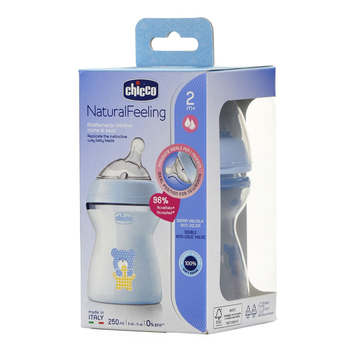 CHICCO NATURAL FEELING BOTTLE 2M+ 250ML BLUE