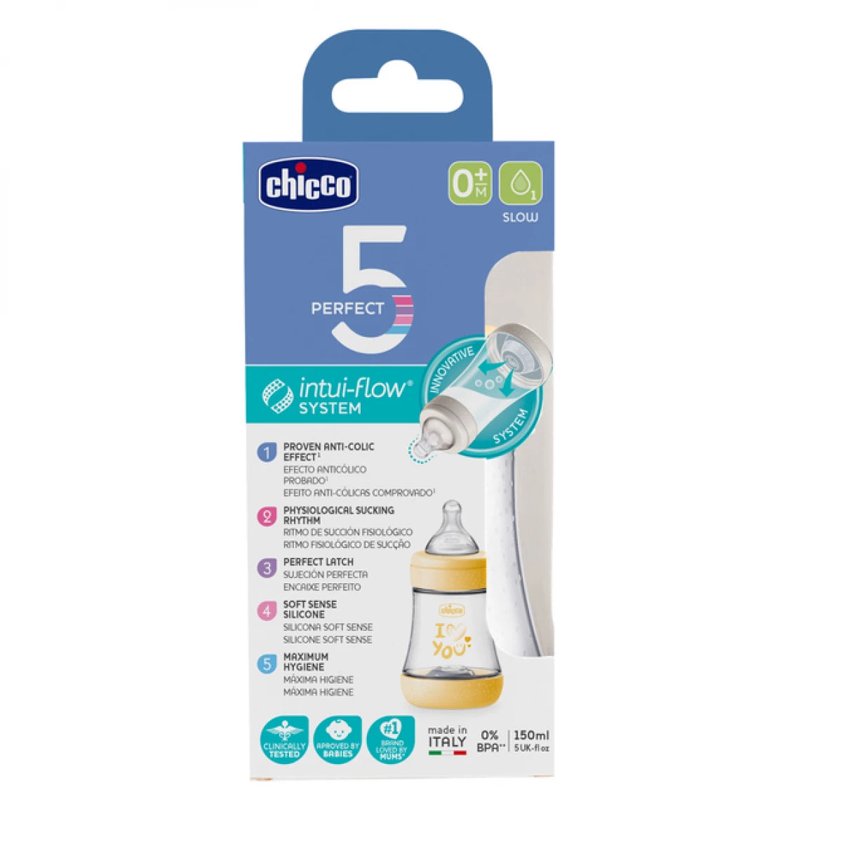 CHICCO 5 PERFECT INTUI-FLOW BOTTLE 0M+ 150ML YELLOW